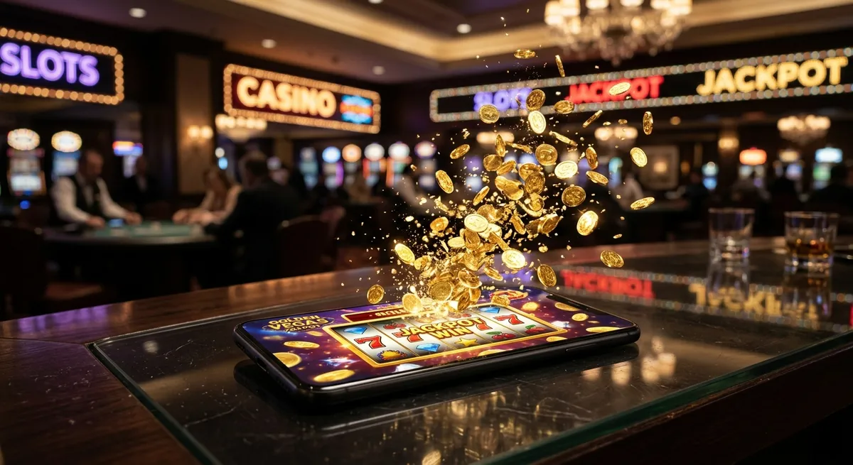 En smartphone der viser en online spillemaskine med freespins og guldmønter der flyver ud af skærmen